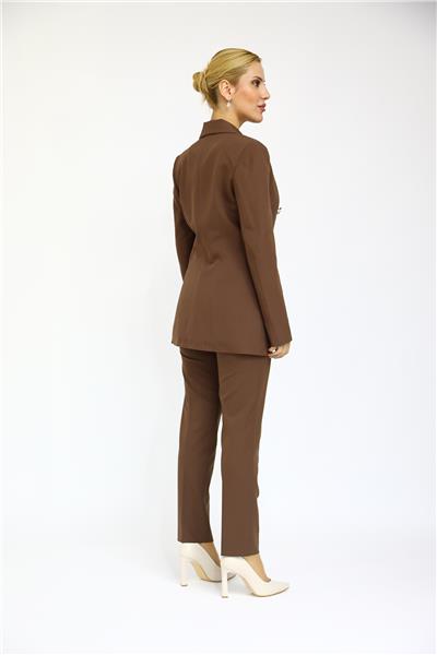 Erkek Yaka Kuruvaze Blazer Ceket & Dar Paça Pantolon-Kestane