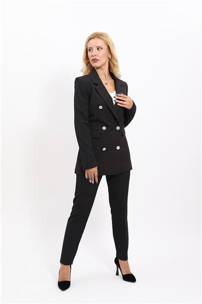 Erkek Yaka Kuruvaze Blazer Ceket & Dar Paça Pantolon-Siyah