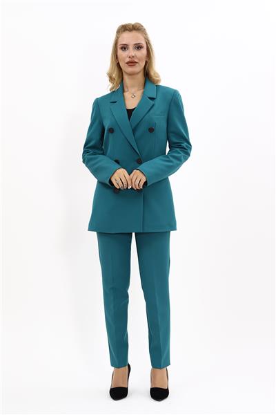 Erkek Yaka Kuruvaze Blazer Ceket & Dar Paça Pantolon-Petrol