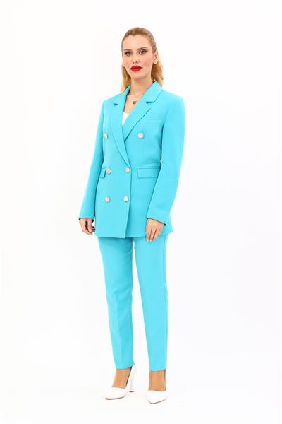 Erkek Yaka Kuruvaze Blazer Ceket & Dar Paça Pantolon-Turkuaz
