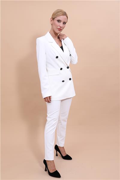 Erkek Yaka Kuruvaze Blazer Ceket & Dar Paça Pantolon-Beyaz