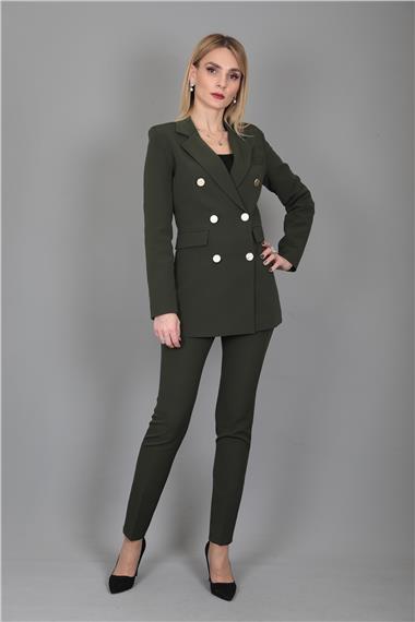 Erkek Yaka Kuruvaze Blazer Ceket & Dar Paça Pantolon-Haki