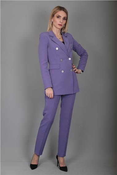 Erkek Yaka Kuruvaze Blazer Ceket & Dar Paça Pantolon-Lila