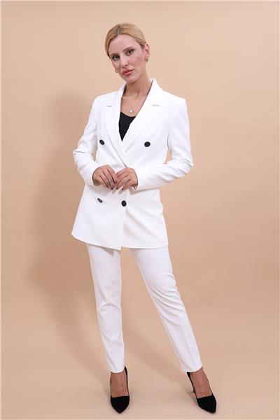 Erkek Yaka Kuruvaze Blazer Ceket & Dar Paça Pantolon-Beyaz
