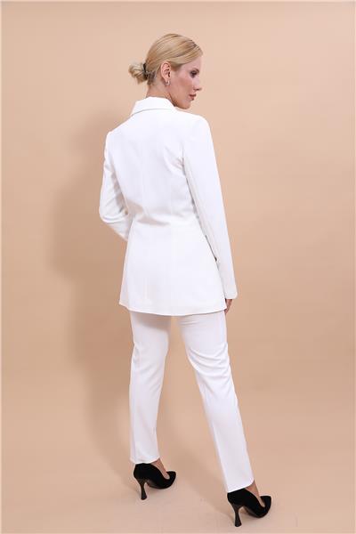 Erkek Yaka Kuruvaze Blazer Ceket & Dar Paça Pantolon-Beyaz