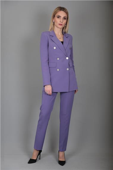 Erkek Yaka Kuruvaze Blazer Ceket & Dar Paça Pantolon-Lila