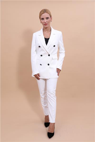 Erkek Yaka Kuruvaze Blazer Ceket & Dar Paça Pantolon-Beyaz