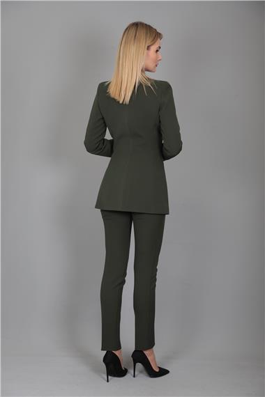 Erkek Yaka Kuruvaze Blazer Ceket & Dar Paça Pantolon-Haki