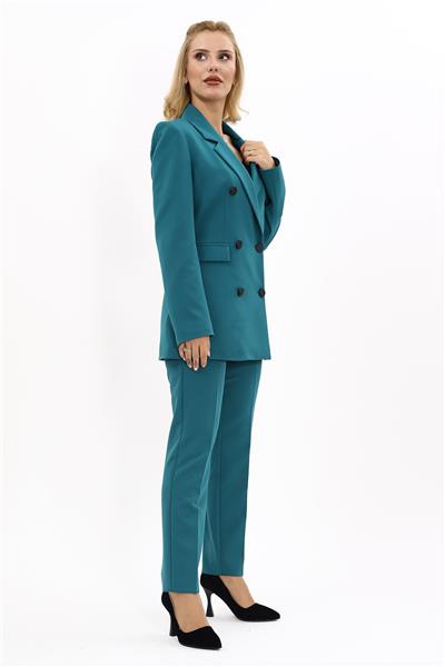 Erkek Yaka Kuruvaze Blazer Ceket & Dar Paça Pantolon-Petrol
