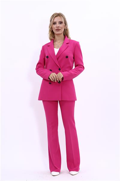 Erkek Yaka Kuruvaze Blazer Ceket & İspanyol Paça Pantolon-Fuşya