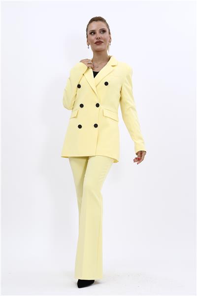 Erkek Yaka Kuruvaze Blazer Ceket & İspanyol Paça Pantolon-Sarı
