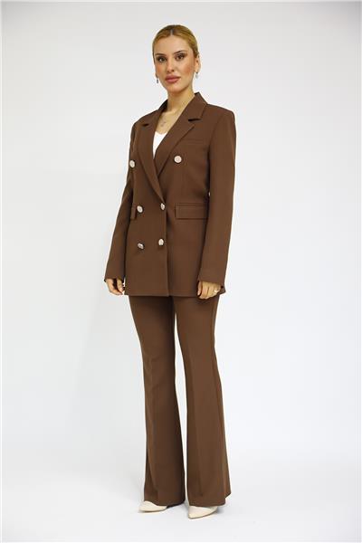 Erkek Yaka Kuruvaze Blazer Ceket & İspanyol Paça Pantolon-Kestane