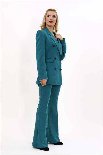 Erkek Yaka Kuruvaze Blazer Ceket & İspanyol Paça Pantolon-Petrol