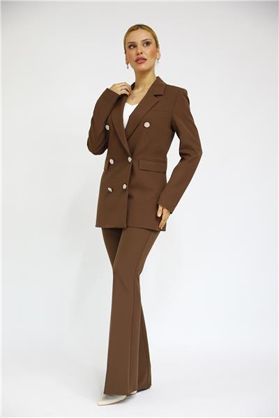 Erkek Yaka Kuruvaze Blazer Ceket & İspanyol Paça Pantolon-Kestane