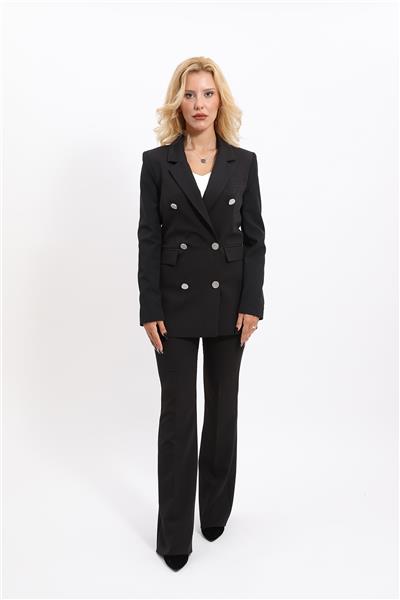 Erkek Yaka Kuruvaze Blazer Ceket & İspanyol Paça Pantolon-Siyah