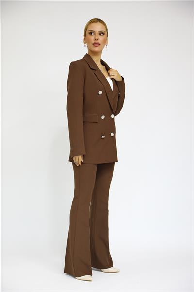 Erkek Yaka Kuruvaze Blazer Ceket & İspanyol Paça Pantolon-Kestane