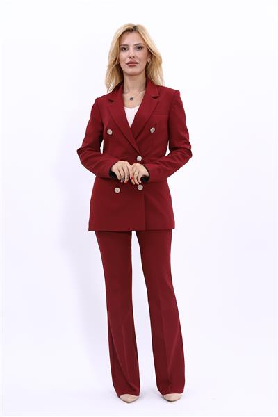 Erkek Yaka Kuruvaze Blazer Ceket & İspanyol Paça Pantolon-Bordo