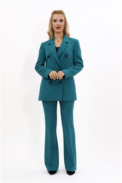 Erkek Yaka Kuruvaze Blazer Ceket & İspanyol Paça Pantolon-Petrol