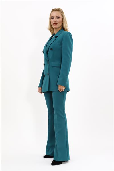 Erkek Yaka Kuruvaze Blazer Ceket & İspanyol Paça Pantolon-Petrol