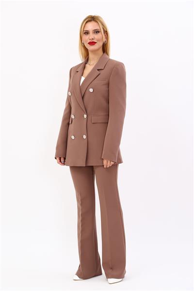 Erkek Yaka Kuruvaze Blazer Ceket & İspanyol Paça Pantolon-Kahve