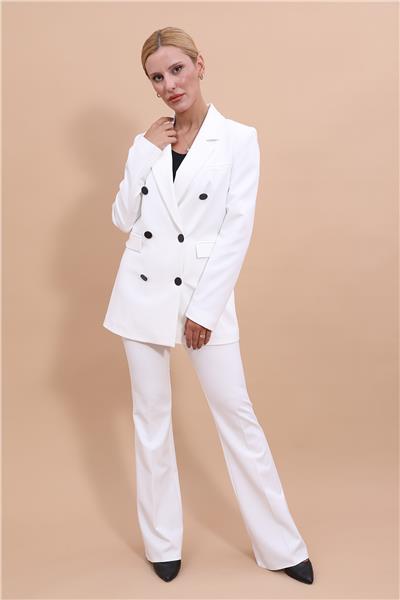 Erkek Yaka Kuruvaze Blazer Ceket & İspanyol Paça Pantolon-Beyaz