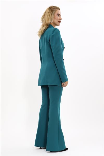 Erkek Yaka Kuruvaze Blazer Ceket & İspanyol Paça Pantolon-Petrol