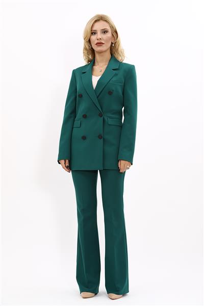 Erkek Yaka Kuruvaze Blazer Ceket & İspanyol Paça Pantolon-Zümrüt