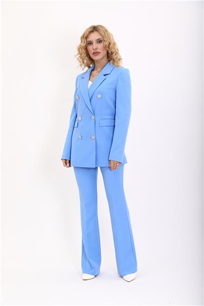 Erkek Yaka Kuruvaze Blazer Ceket & İspanyol Paça Pantolon-Gökyüzü