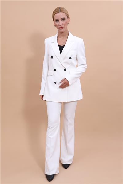 Erkek Yaka Kuruvaze Blazer Ceket & İspanyol Paça Pantolon-Beyaz