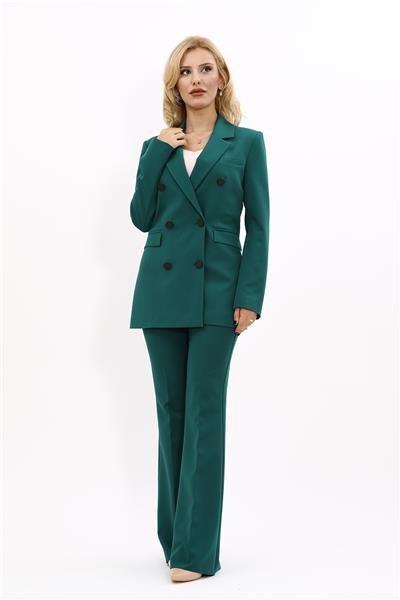 Erkek Yaka Kuruvaze Blazer Ceket & İspanyol Paça Pantolon-Zümrüt