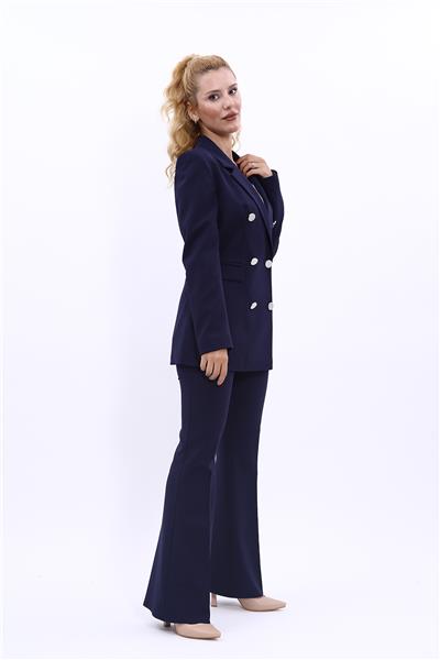 Erkek Yaka Kuruvaze Blazer Ceket & İspanyol Paça Pantolon-Lacivert