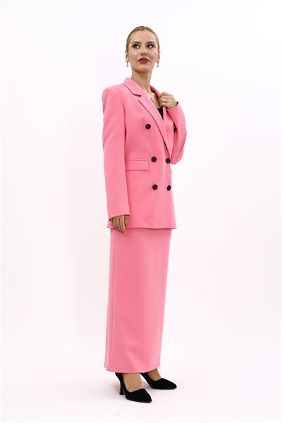 Erkek Yaka Kuruvaze Blazer Ceket & Uzun Düz Dar Etek-Pembe