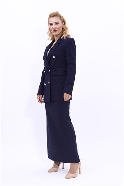Erkek Yaka Kuruvaze Blazer Ceket & Uzun Düz Dar Etek-Lacivert
