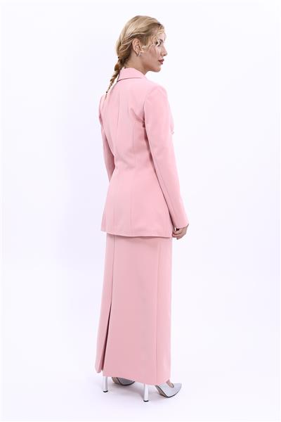 Erkek Yaka Kuruvaze Blazer Ceket & Uzun Düz Dar Etek-Pudra