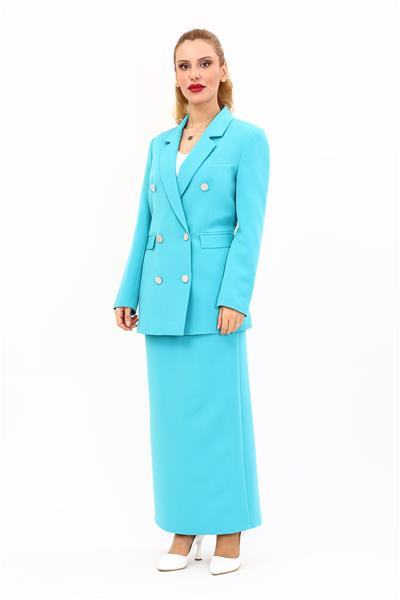Erkek Yaka Kuruvaze Blazer Ceket & Uzun Düz Dar Etek-Turkuaz