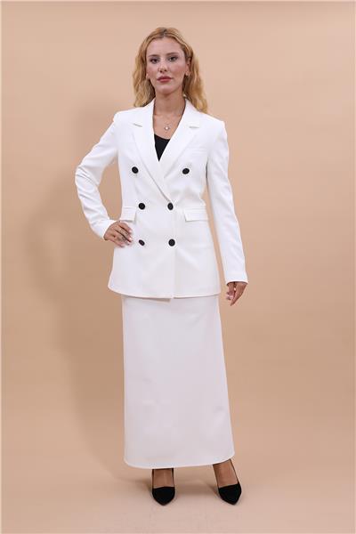 Erkek Yaka Kuruvaze Blazer Ceket & Uzun Düz Dar Etek-Beyaz