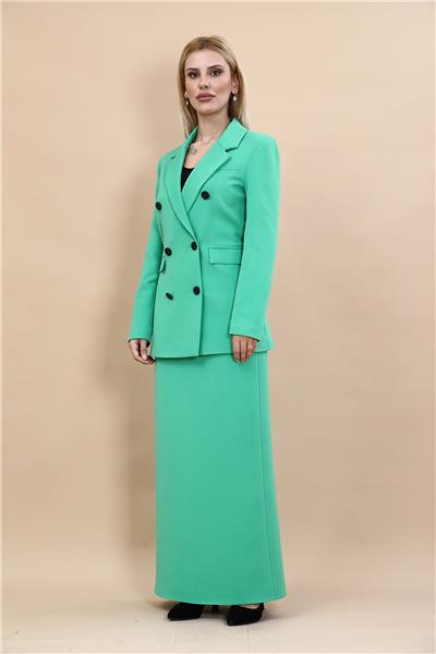 Erkek Yaka Kuruvaze Blazer Ceket & Uzun Düz Dar Etek-Yeşil