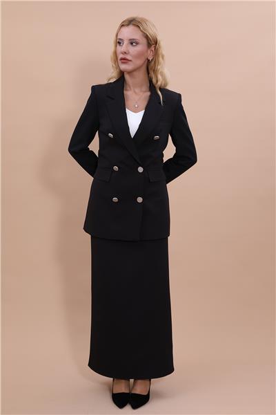 Erkek Yaka Kuruvaze Blazer Ceket & Uzun Düz Dar Etek-Siyah