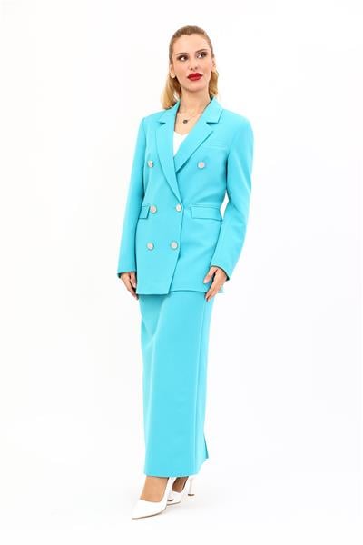 Erkek Yaka Kuruvaze Blazer Ceket & Uzun Düz Dar Etek-Turkuaz