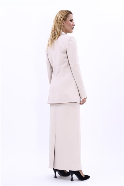 Erkek Yaka Kuruvaze Blazer Ceket & Uzun Düz Dar Etek-Bej