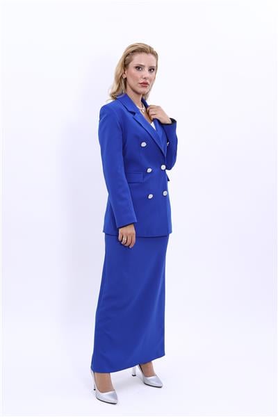 Erkek Yaka Kuruvaze Blazer Ceket & Uzun Düz Dar Etek-Saks