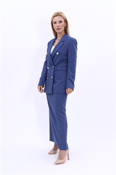 Erkek Yaka Kuruvaze Blazer Ceket & Uzun Düz Dar Etek-İndigo