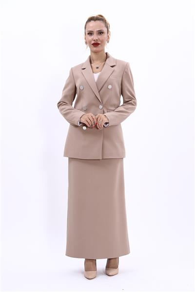 Erkek Yaka Kuruvaze Blazer Ceket & Uzun Düz Dar Etek-Taş