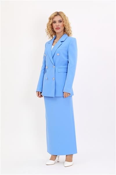 Erkek Yaka Kuruvaze Blazer Ceket & Uzun Düz Dar Etek-Gökyüzü
