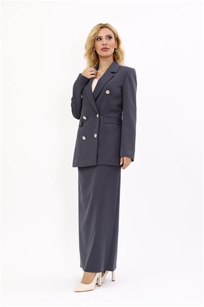 Erkek Yaka Kuruvaze Blazer Ceket & Uzun Düz Dar Etek-Füme