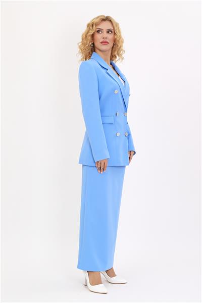 Erkek Yaka Kuruvaze Blazer Ceket & Uzun Düz Dar Etek-Gökyüzü