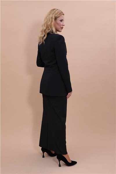 Erkek Yaka Kuruvaze Blazer Ceket & Uzun Düz Dar Etek-Siyah