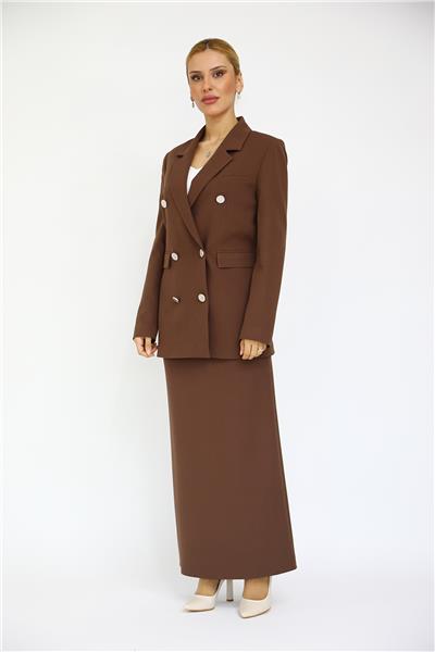 Erkek Yaka Kuruvaze Blazer Ceket & Uzun Düz Dar Etek-Kestane
