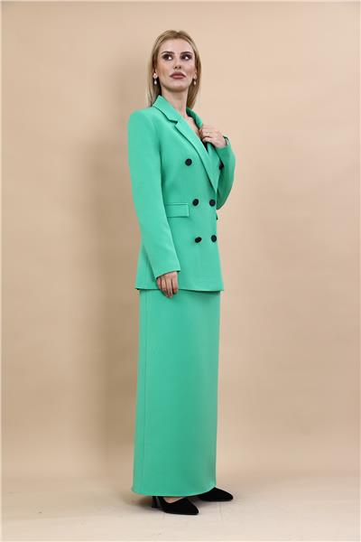 Erkek Yaka Kuruvaze Blazer Ceket & Uzun Düz Dar Etek-Yeşil