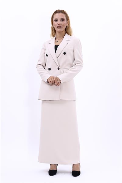 Erkek Yaka Kuruvaze Blazer Ceket & Uzun Düz Dar Etek-Bej